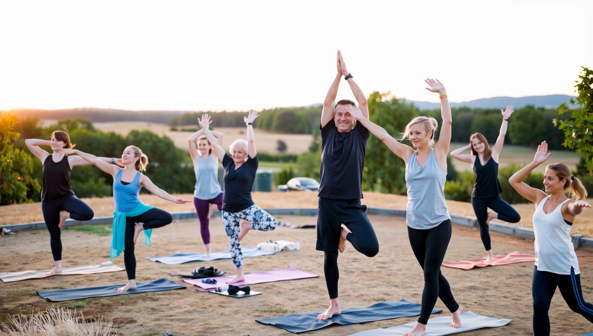 Diverse group of people practicing different yoga poses outdoors at sunrise