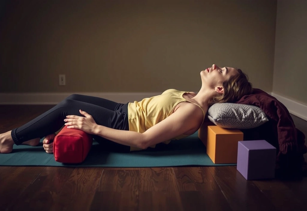 Person relaxing in a restorative yoga pose with props