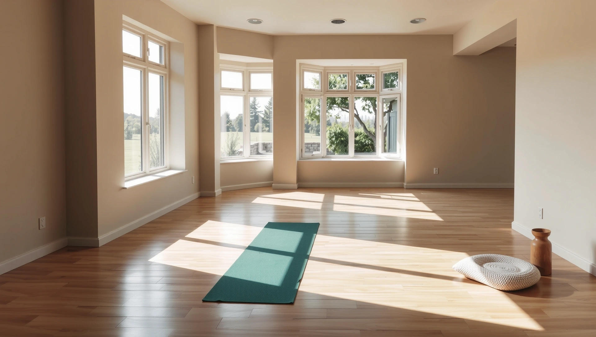 Serene yoga studio bathed in soft, natural light with a single yoga mat in focus