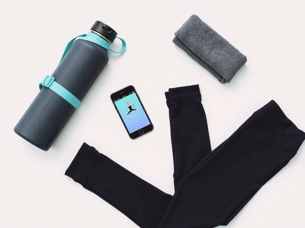 Essentials for an online yoga session: yoga mat, water bottle, comfortable clothes, and a device