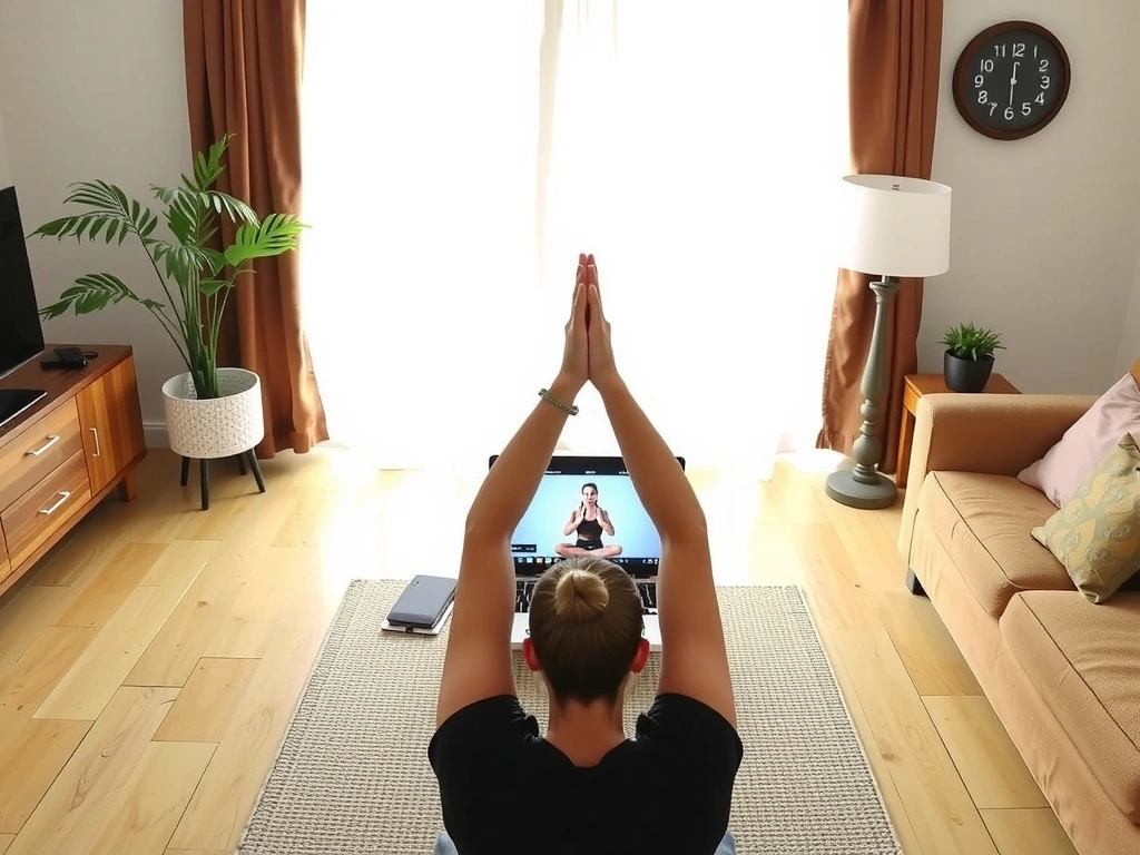 Laptop displaying an online yoga class with a woman practicing in a home environment
